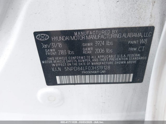 5NPD84LF0JH319128 Hyundai ELANTRA SEL