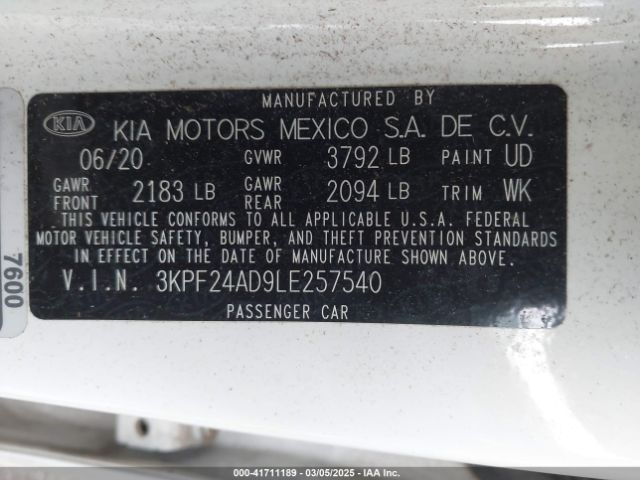 3KPF24AD9LE257540 KIA FORTE FE