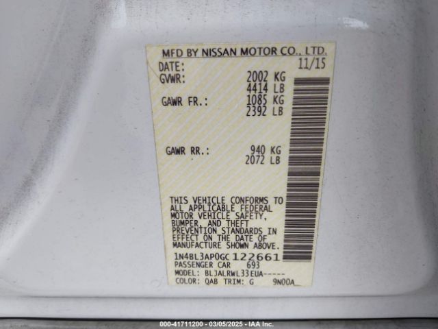 1N4BL3AP0GC122661 Nissan Altima 3.5 Sl/3.5 Sr