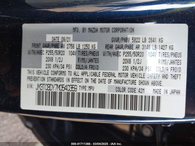 JM3TCBDY7M0540359 Mazda Cx-9 Grand Touring