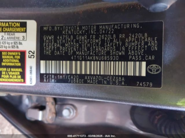 4T1G11AK8NU685930 Toyota CAMRY SE