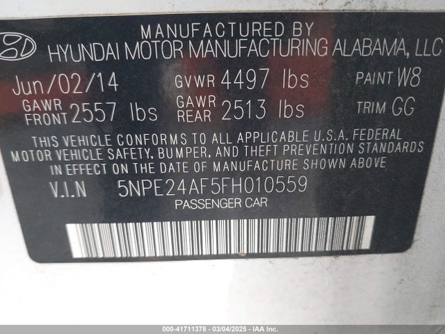 5NPE24AF5FH010559 Hyundai SONATA SE