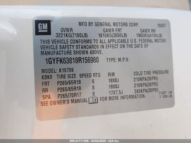 2008 CADILLAC ESCALADE 1GYFK63818R156980 Photo 8
