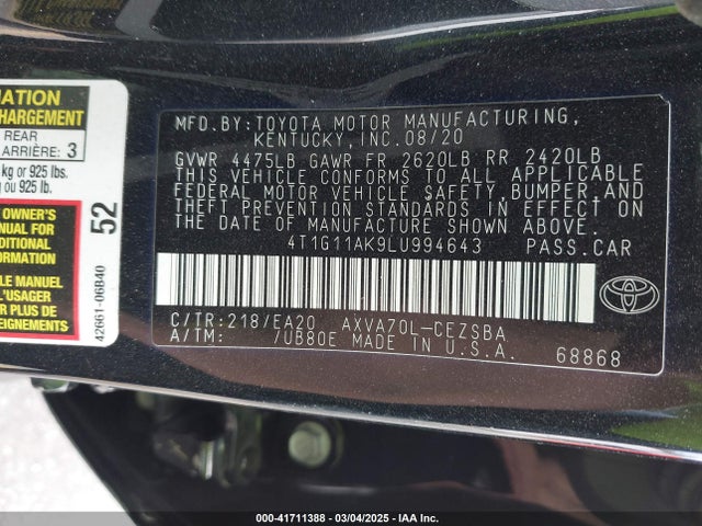 2020 Toyota Camry Se მანქანა იყიდება აუქციონზე, vin: 4T1G11AK9LU994643, აუქციონის ნომერი: 41711388