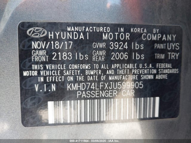 KMHD74LFXJU599905 Hyundai ELANTRA SE
