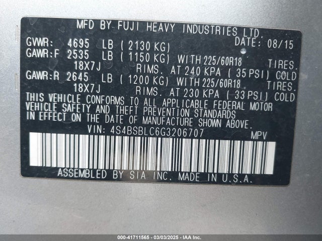 Subaru 2.5l u6 2016 4S4BSBLC6G3206707 Image 9