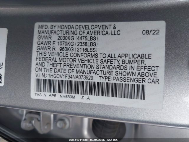 1HGCV1F34NA073929 Honda Accord Sport