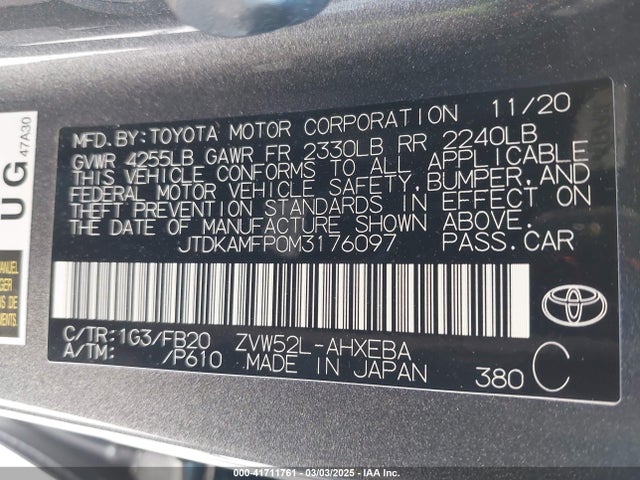 JTDKAMFP0M3176097 Toyota Prius Prime Le