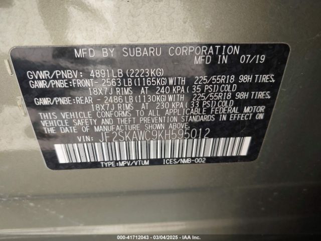 JF2SKAWC9KH595012 Subaru Forester Touring