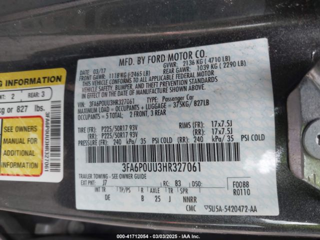 3FA6P0UU3HR327061 Ford 2.0l 4v atk hev