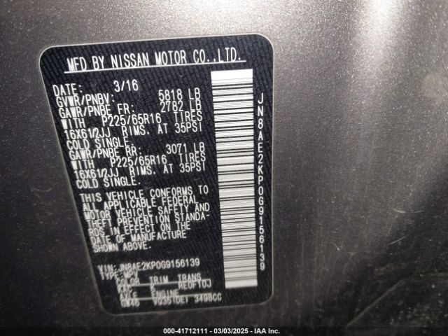 JN8AE2KP0G9156139 Nissan Quest Platinum/s/sl/sv