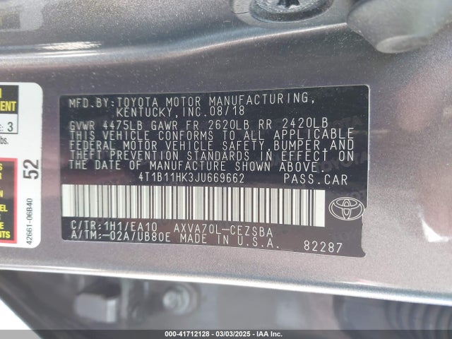 4T1B11HK3JU669662 Toyota CAMRY SE
