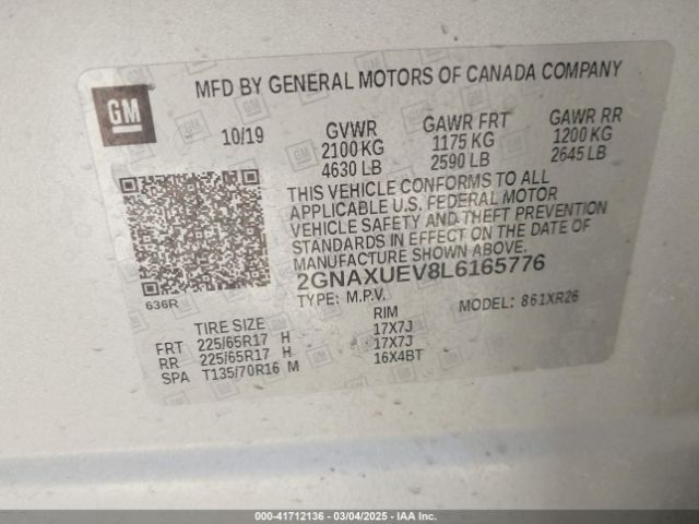 2GNAXUEV8L6165776 Chevrolet Equinox Awd Lt 1.5l Turbo