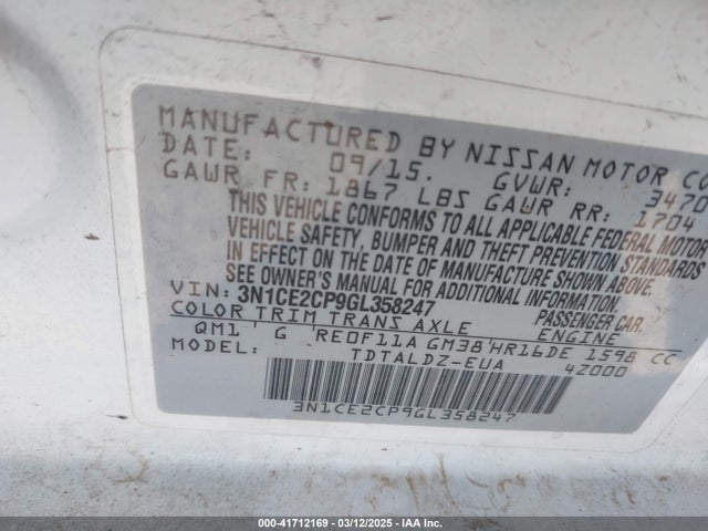 Nissan Versa Note S (sr)/s Plus/sl/sr/sv 2016 3N1CE2CP9GL358247 Image 9