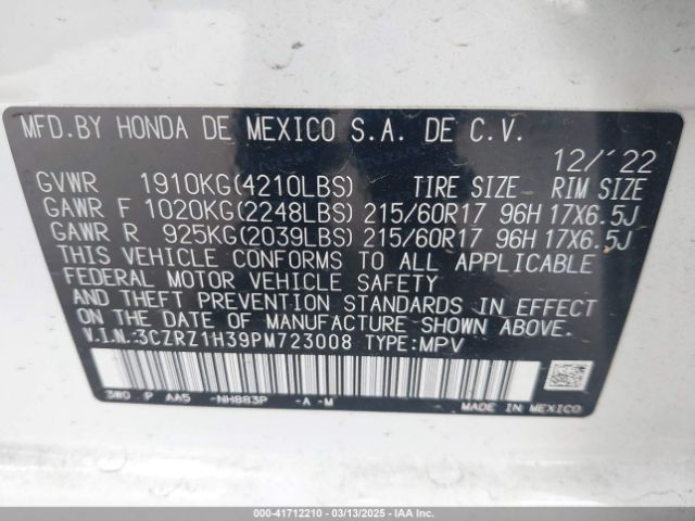 3CZRZ1H39PM723008 Honda Hr-v 2wd Lx
