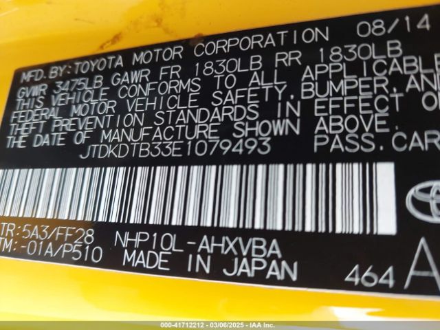 JTDKDTB33E1079493 Toyota Prius C Two