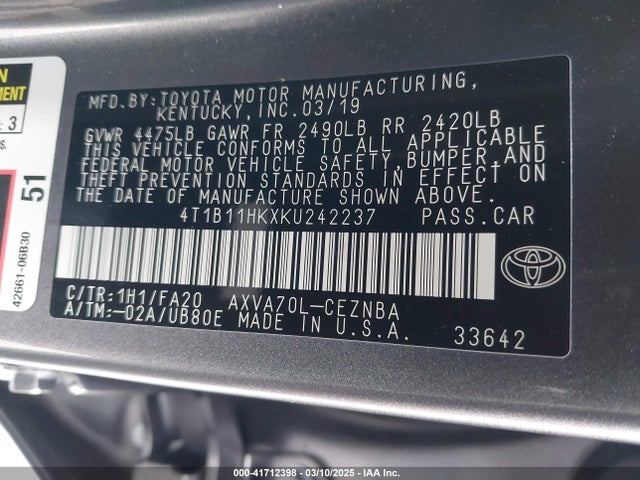 4T1B11HKXKU242237 Toyota CAMRY LE