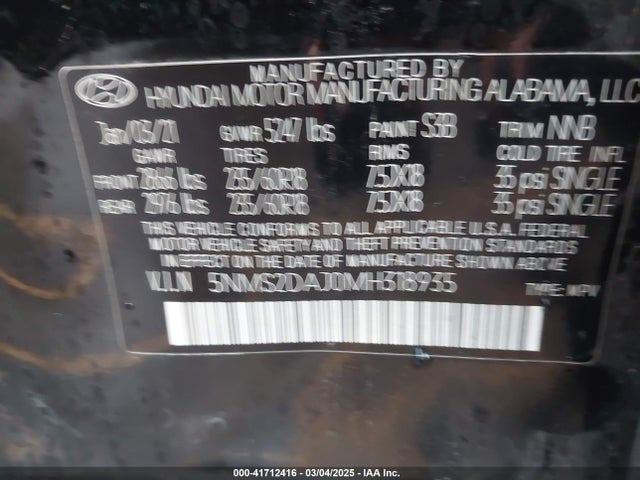 5NMS2DAJ0MH318935 Hyundai Santa Fe Sel