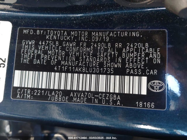 4T1F11AK8LU301735 Toyota CAMRY XLE