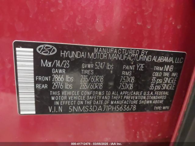 5NMS3DAJ1PH563678 Hyundai Santa Fe Sel