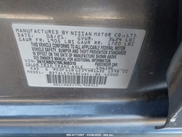 3N1CN8DV7ML908315 Nissan Versa S Xtronic Cvt
