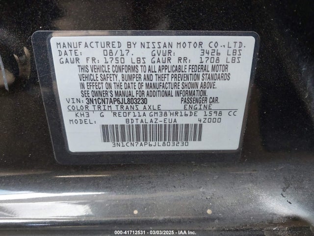 3N1CN7AP6JL803230 Nissan Versa 1.6 S+