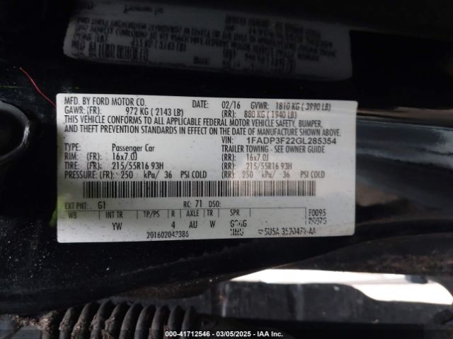 1FADP3F22GL285354 Ford FOCUS SE