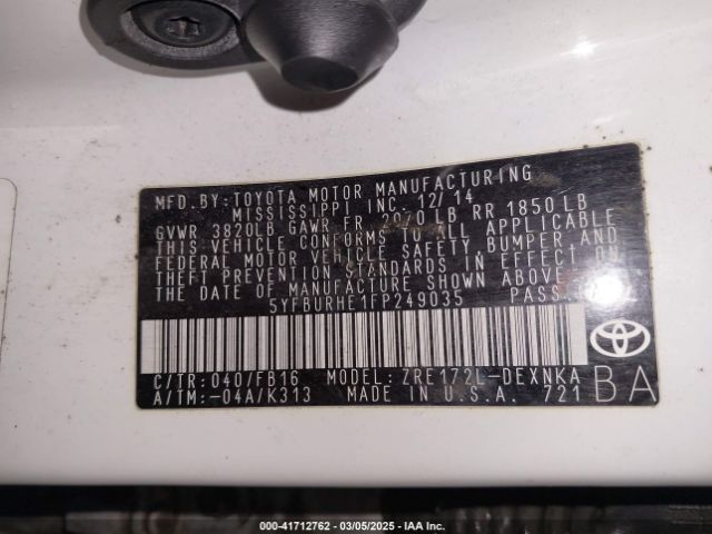 5YFBURHE1FP249035 Toyota COROLLA LE