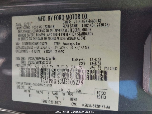 1FATP8UH3M5105279 Ford Mustang Ecoboost Premium
