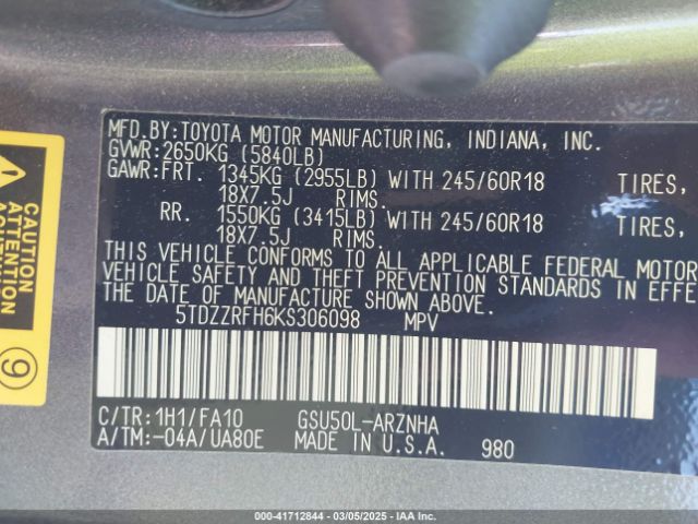 5TDZZRFH6KS306098 Toyota Highlander Le Plus