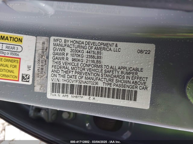 1HGCV1F32NA070236 Honda Accord Sport