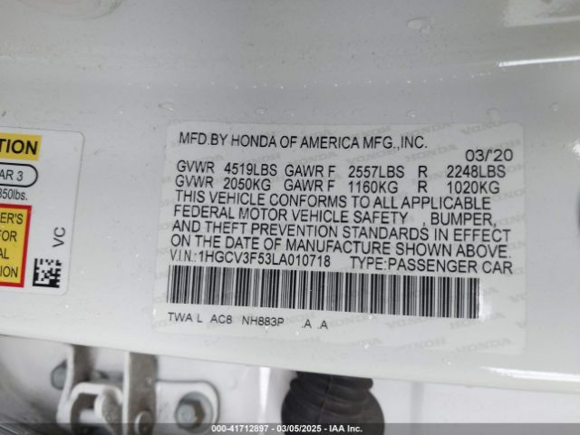 1HGCV3F53LA010718 Honda Accord