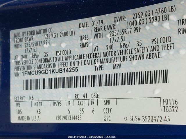 1FMCU9GD1KUB14255 Ford ESCAPE SE