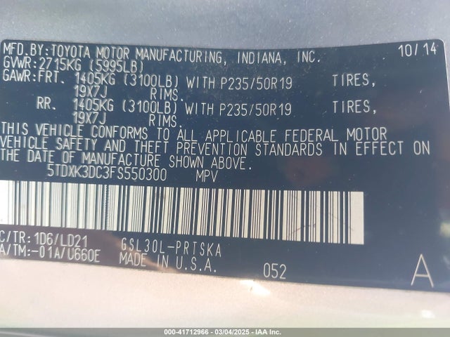 5TDXK3DC3FS550300 Toyota Sienna Se Premium 8 Passenger