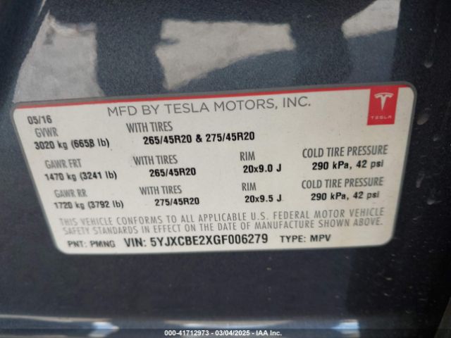5YJXCBE2XGF006279 Tesla Model X 60d/70d/75d/90d/p100d
