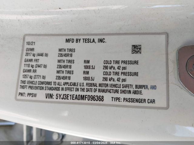 5YJ3E1EA0MF096368 Tesla Model 3 Standard Range Plus Rear-wheel Drive