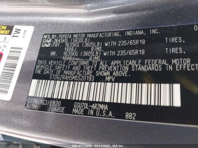 5TDGZRAH5MS520193 Toyota Highlander Xle