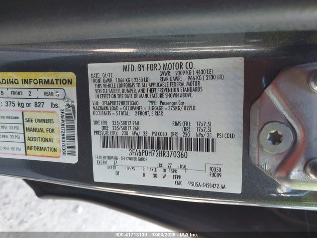 Ford FUSION SE 2017 3FA6P0H72HR370360 Image 9