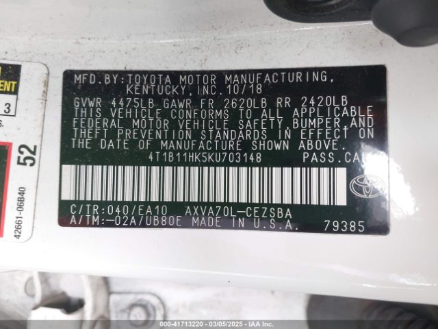 4T1B11HK5KU703148 Toyota CAMRY SE