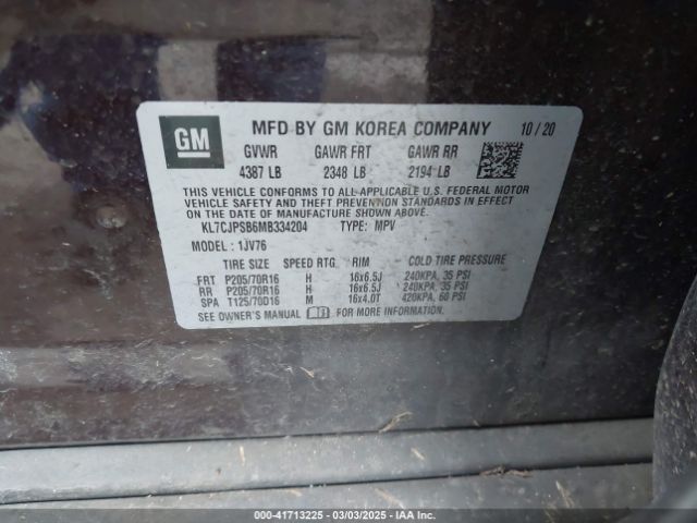 KL7CJPSB6MB334204 Chevrolet Trax Awd Lt
