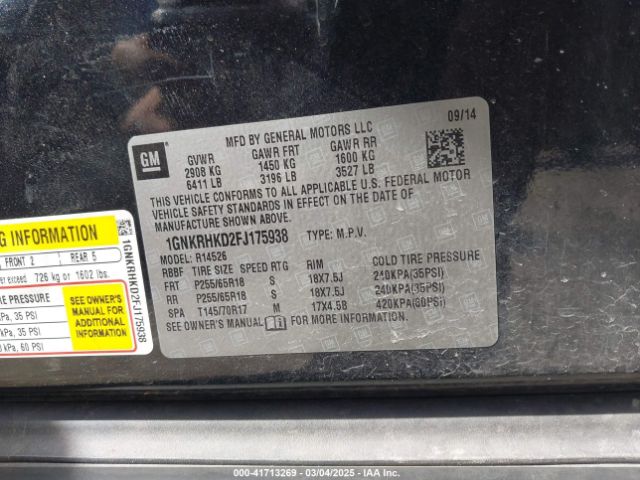 1GNKRHKD2FJ175938 Chevrolet Traverse 2lt