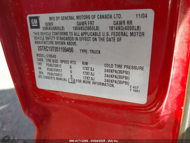 41713285 :رقم المزاد ، 2GTEC13T951199456 vin ، 2005 Gmc Sierra 1500 Sle مزاد بيع