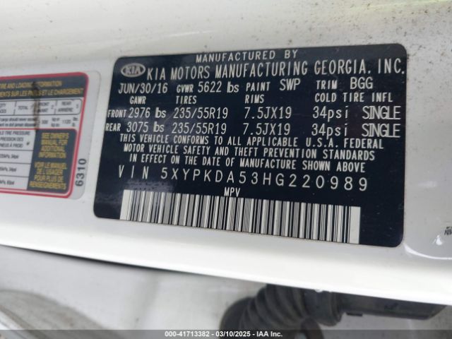 5XYPKDA53HG220989 KIA Sorento 3.3l Sx