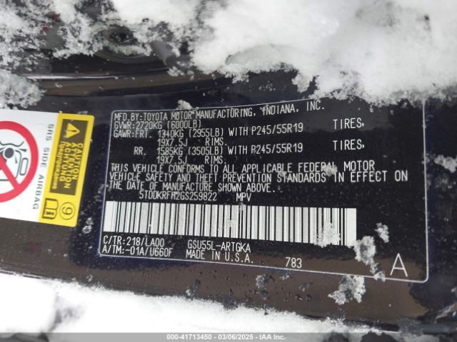 5TDDKRFH2GS259822 Toyota Highlander Limited V6