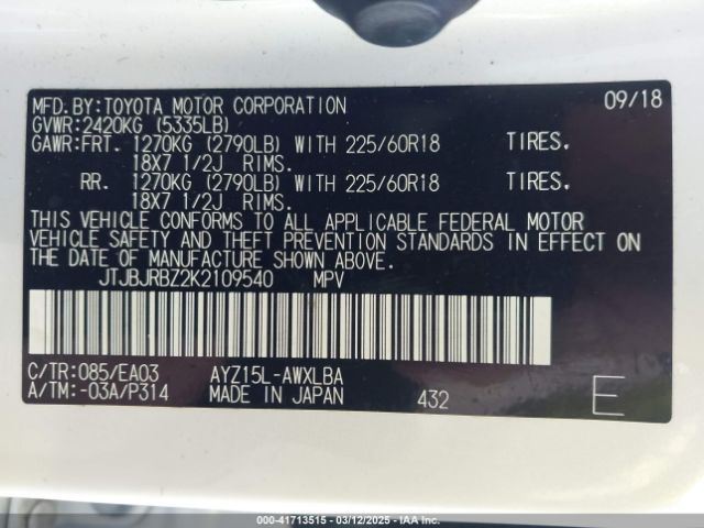 JTJBJRBZ2K2109540 Lexus 2ar-fxe, 2jm, 2fm