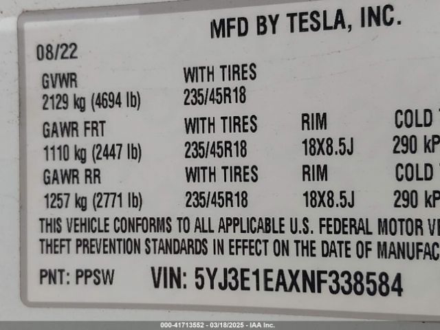5YJ3E1EAXNF338584 Tesla Model 3 Rear-wheel Drive