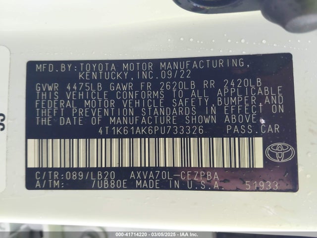 4T1K61AK6PU733326 Toyota CAMRY XSE