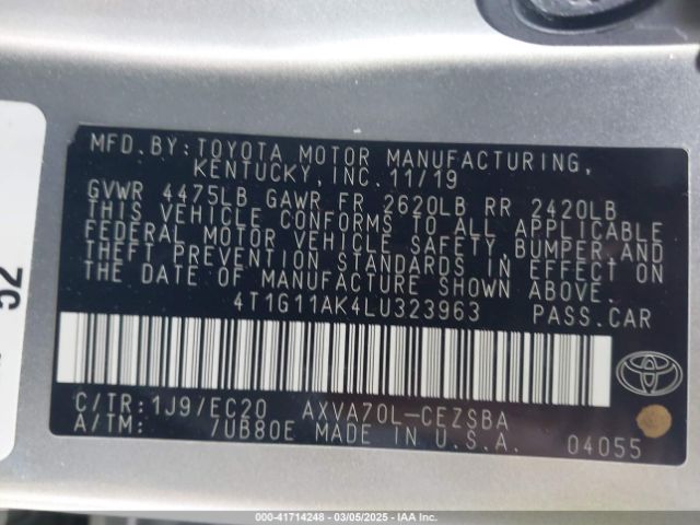 4T1G11AK4LU323963 Toyota Camry Se Nightshade Edition