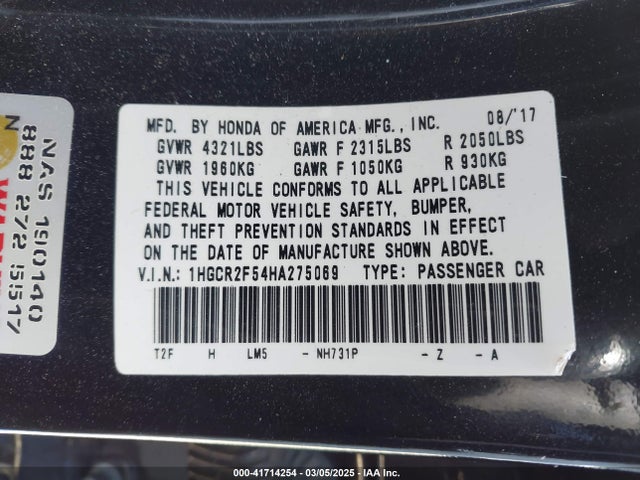 1HGCR2F54HA275069 Honda k24w1