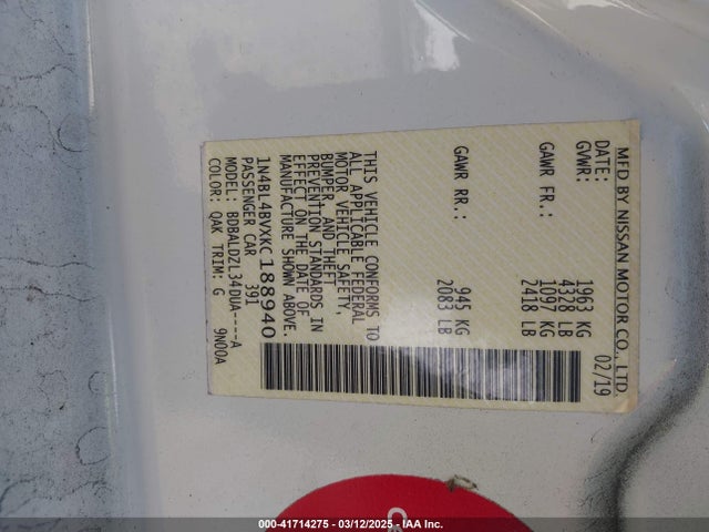 Nissan Altima 2.5 S 2019 1N4BL4BVXKC188940 Image 9